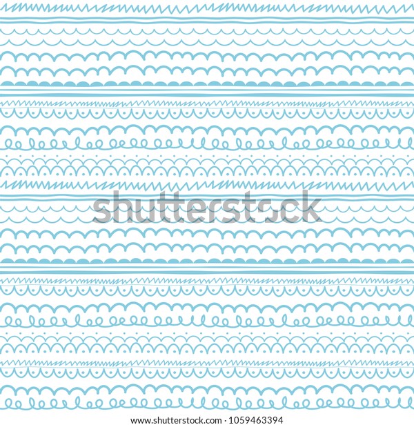 Turquoise  and white marine patterns,\
borders, dividers, brush lines, ornaments set. Doodle hand drawn\
navy blue striped abstract seamless\
pattern.