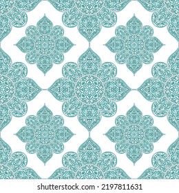 Turquoise and white pattern with mandala ornament. Traditional Arabic, Indian motifs. Great for fabric and textile, wallpaper, packaging or any desired idea.