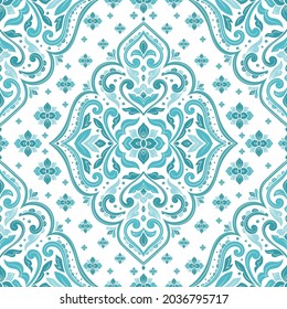 Patrón turquesa y blanco sin fisuras con adorno de mandala. Motivos tradicionales árabes e indios. Ideal para tejidos y textiles, papel pintado, embalaje o cualquier idea deseada.