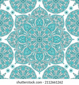 Patrón turquesa y blanco sin fisuras con adorno de mandala. Motivos tradicionales árabes e indios. Ideal para tejidos y textiles, papel pintado, embalaje o cualquier idea deseada.