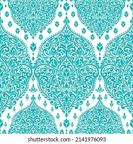 Patrón turquesa y blanco sin fisuras con adorno de mandala. Motivos tradicionales árabes e indios. Ideal para tejidos y textiles, papel pintado, embalaje o cualquier idea deseada.