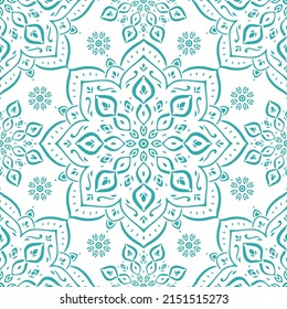 Turquoise and white seamless pattern with mandala ornament. Traditional Arabic, Indian motifs. Great for fabric and textile, wallpaper, packaging or any desired idea.