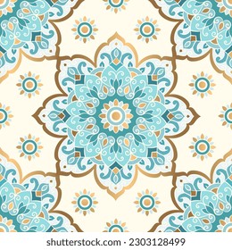 Patrón turquesa y blanco sin fisuras con adorno de mandala. Motivos tradicionales árabes e indios. Ideal para tejidos y textiles, papel pintado, embalaje o cualquier idea deseada.