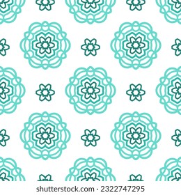 Turquoise and white seamless pattern with mandala ornament. Traditional Arabic, Indian motifs. Great for fabric and textile, wallpaper, packaging or any desired idea.