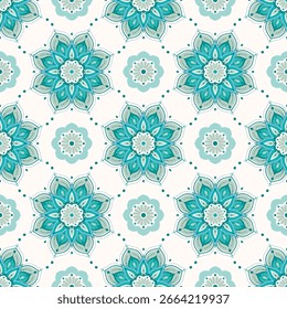 Patrón transparente turquesa y blanco con adorno de mandala. Motivos tradicionales árabes e indios. Ideal para la tela y la materia textil, el Fondo de pantalla, el embalaje o cualquier idea deseada.