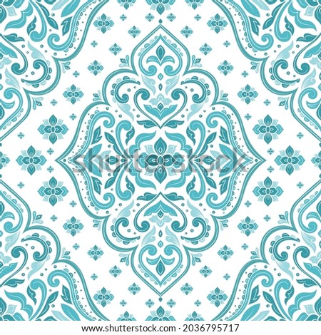 Turquoise and white seamless pattern with mandala ornament. Traditional Arabic, Indian motifs. Great for fabric and textile, wallpaper, packaging or any desired idea.