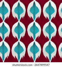 Turquoise en witte traandruppels op een donkerrode achtergrond, grunge lijnen ikat patroon, ikat naadloos patroon, Vector illustratie achtergrond voor het afdrukken van het papier.