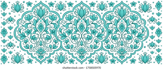Fondo vectorial azul turquesa y blanco con hermosos adornos florales. Patrón turco tradicional, indio. Ideal para tejidos y textiles, papel pintado, embalaje o cualquier idea deseada.