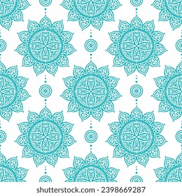 Mandala de vector blanco y turquesa sin fisuras. Ornamento, Tradicional, Étnico, Árabe, Turco, Indio. Ideal para tejidos y textiles, papel pintado, diseño de embalaje o cualquier idea deseada. 