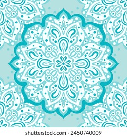 Turquoise and white vector mandala seamless pattern. Ornament, Traditional, Ethnic, Arabic, Turkish, Indian motifs. Great for fabric and textile, wallpaper, packaging design or any desired idea. 