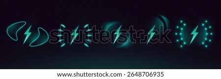 Turquoise wireless charge icons set - glowing energy symbols with lightning bolts, rotating waves and power dots on dark background. Modern technology battery charging indicators for mobile devices.