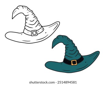 Turquoise witch hat with belt and buckle as a symbol for Halloween celebration in black isolated on white background. Hand drawn vector sketch illustration in doodle engraved vintage line art style
