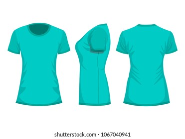 Turquoise woman's t-shirt with short sleeve. Front, back, side view. Isolated on white background. Vector illustration, EPS10.