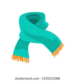 Turquoise woolen scarf with orange fringe on the ends. Element of winter clothing. Accessory for cold weather. Flat vector design