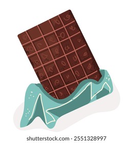 Turquoise wrapped chocolate bar isolated on white background, dessert, vector illustration in flat style. Hand drawn.