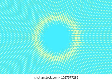 Turquoise yellow dotted halftone. Centered ring dotted gradient. Half tone vector background. Artificial texture. Yellow dot on blue backdrop. Vivid pop art design template. Glitch halftone texture