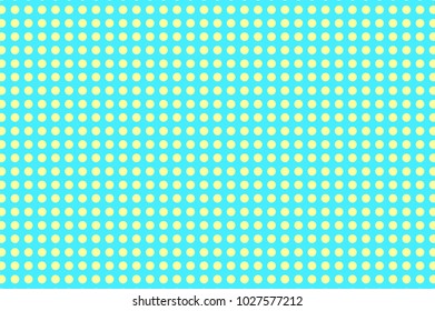 Turquoise yellow dotted halftone. Regular oversized dotted pattern. Half tone vector background. Artificial texture. Yellow dot on blue backdrop. Vivid pop art design template. Glitch halftone texture