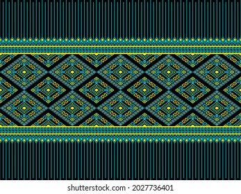 Turquoise Yellow Ethnic or Tribe Seamless Pattern on Black Background in Symmetry Rhombus Geometric Bohemian Style for Clothing or Apparel,Embroidery,Fabric,Package Design