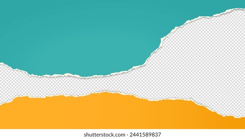 Turquoise and yellow paper with torn edges and soft shadow are on squared background for text.