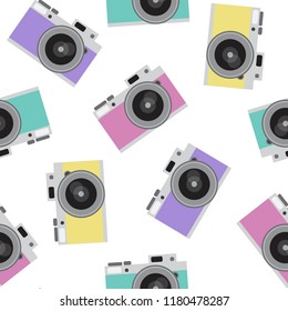 turquoise, yellow, purple and pink retro camera pattern seamless vintage photo hipster vector.
