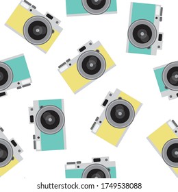 turquoise and yellow retro camera pattern seamless vintage photo hipster vector