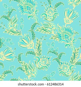 Turquoise - yellow seamless floral pattern with stylized ivy plants, fantasy flowers