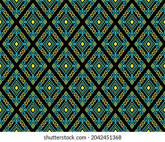 Turquoise Yellow Tribal or Ethnic Seamless Pattern on Black Background in Symmetry Rhombus Geometric Bohemian Style for Clothing or Apparel,Embroidery,Fabric,Package Design