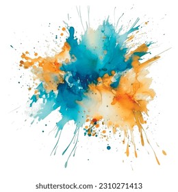 Turquoise yellow watercolor splash splatter stain brush strokes on white background. Modern aquarelle spots. Trendy isolated painted abstract artistic design. Element. Vector watercolor illustration.