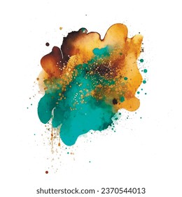 Turquoise yellow watercolor splash splatter stain brush strokes gold glitters on white background. Modern aquarelle spots. Isolated painted abstract design. Element. Vector watercolor illustration.