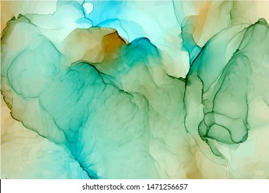 Turquoise and yellow watercolor vector texture. Hand drawn liquid paint stains background. Splattered green watercolour abstract backdrop. Realistic paint mixing and shades effect wallpaper