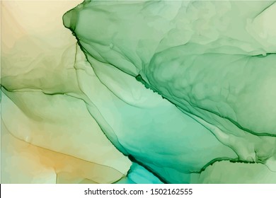 Turquoise and yellow watercolor vector texture. Hand drawn liquid paint stains background. Splattered green watercolour abstract backdrop. Realistic paint mixing and shades effect wallpaper