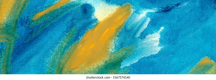 Turquoise and yellow watercolor vector wallpaper. Blue watercolor banner background. Hand drawn brush strokes ink illustration. Multicolor smears, creative color mix. Modern expressionist texture. 