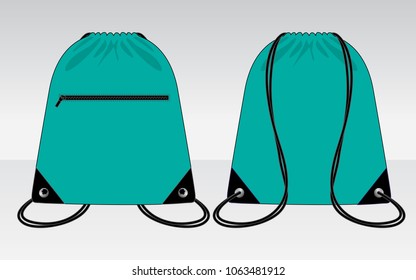Turquoise-black Drawstring bag design on gray background. Front and back views, vector file.