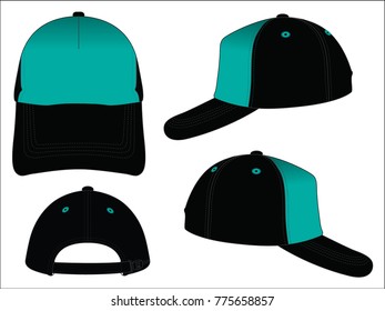 Turquoise-Black Trucker Cap With Adjustable Slider Plastic Buckle Zip Closure Strap Design on White Background.