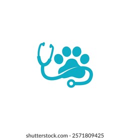 A turquoise-colored logo featuring a paw print intertwined with a stethoscope, symbolizing veterinary care