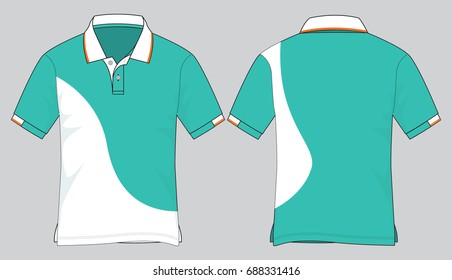 Turquoise-White Short Sleeve Polo Shirt With Curve Style And Half Jumper Cuff Design On Gray Background.Front And Back View.