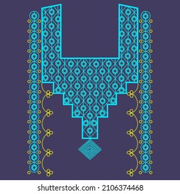 Turquoise,yellow Pattern On The Neckline Of The Dress In The Form Of A Kare.A Chain Of Embroidered Stitches Twisted Into Circles And A Square,hand-drawn,ethnic Set,pattern For Embroidering Neckline