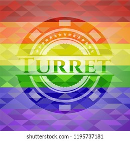 Turret emblem on mosaic background with the colors of the LGBT flag