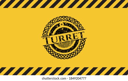Turret grunge black emblem with yellow background, warning sign. Vector Illustration. Detailed. 