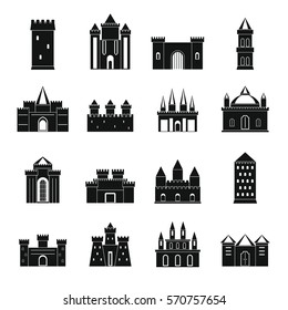 Turrets and castles icons set. Simple illustration of 16 turrets and castles vector icons logo isolated on white background