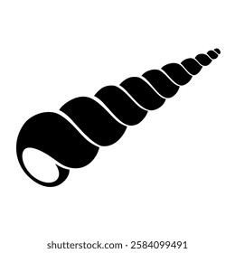 Turritella or Tower, long screw sea shell, black silhouette isolated on white. Segmented shape, stencil style. Vector clipart, monochrome sign for illustration, marine design, icon or logo.