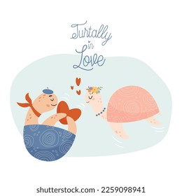 Turtally in love. Turtles couple in love. Valentine's day card concept. Vector Illustration