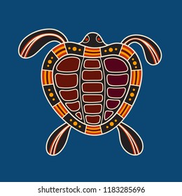 Turtle. Aboriginal Art Style. Vector Color Illustration Isolated On Blue Background.