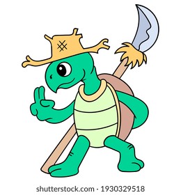 turtle in action martial style with a sharp spear, vector illustration art. doodle icon image kawaii.