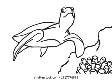 Turtle and algae in the ocean. Can be used for coloring book for kids. Vector illustration.