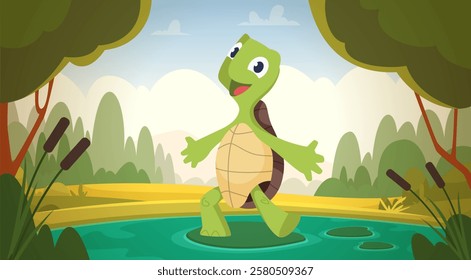 Turtle. amphibian mascot standing on leaf in pond. vector cartoon character