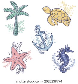 Turtle , anchor, palmtree, starfish, seahorse .A set of marine theme outline illustrations