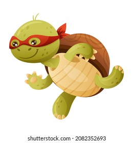 Superhéroe de personaje animal de tortuga vestido con máscara roja corriendo para rescatar la ilustración del vector