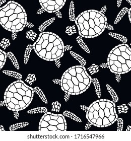Turtle, animal, fashion chalk vector seamless pattern on black background. Concept for wallpaper, wrapping paper, cards 
