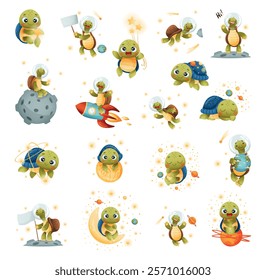 Turtle Animal in Outer Space Enjoy Adventure Vector Set